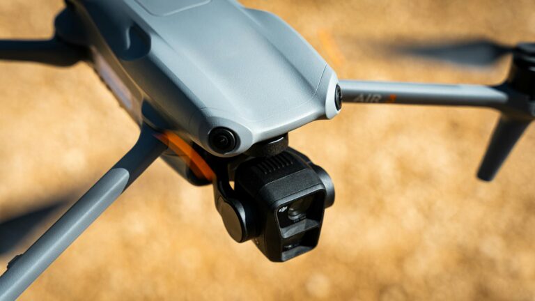 View of Dji Air 3 drone flying in the forest in south of France.